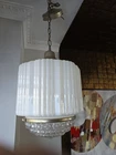 Vintage Art Deco Milk Glass Skyscraper Schoolhouse Light Fixture Pendant Antique
