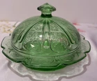 Vintage Jeanette Green Depression Glass Cherry Blossom Butter Dish w/ lid