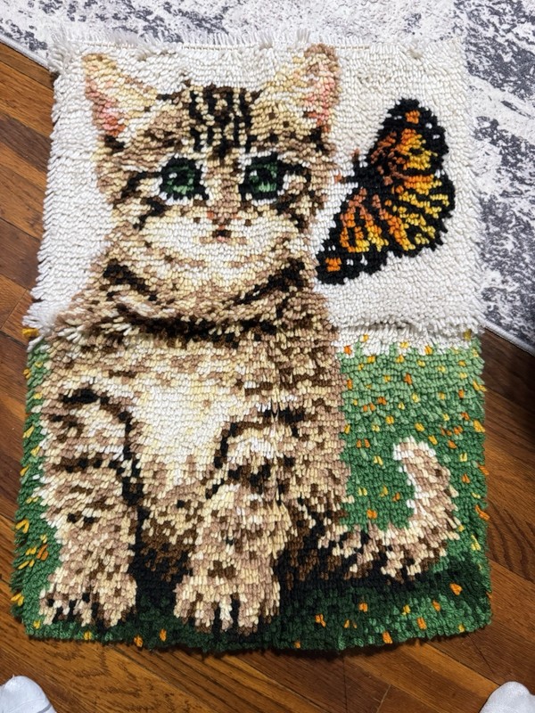 Finished Latch Hook Cat And Butterfly