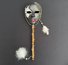 Venezia Hand Painted Venetian Masquerade Mask Stick Large Black Gold Feathers