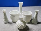 Vintage White Milk Glass 6 Items. 3Vases, 2 Pedestal Planters, 1 Rounded Vessel