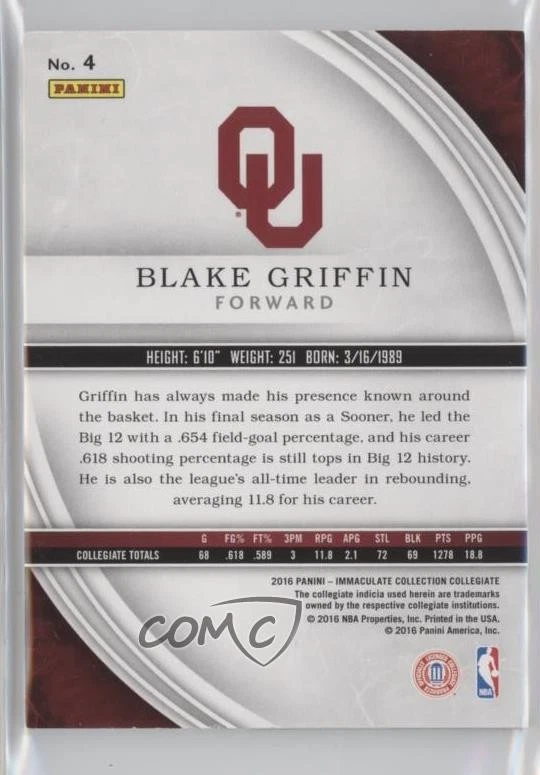 2016-17 Panini Immaculate Collegiate /99 Blake Griffin #4 - Image 2 of 2