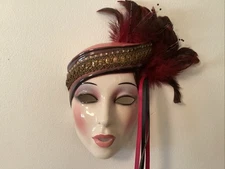Clay Art 7 3/4” Mask Lady With Hat Feathers Beautiful.