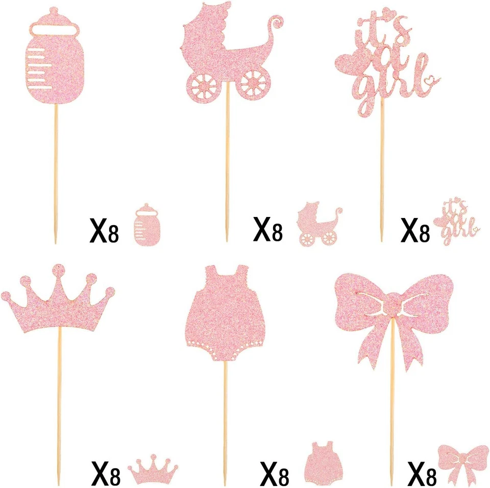 48 Piezas Baby Shower Cupcake Toppers para Niñas Rosa Brillo Bebé Niña Comida Foto 3 de 4