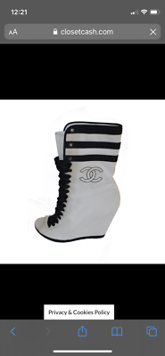 Chanel color block black white bootie boot peep toe lace up wedge