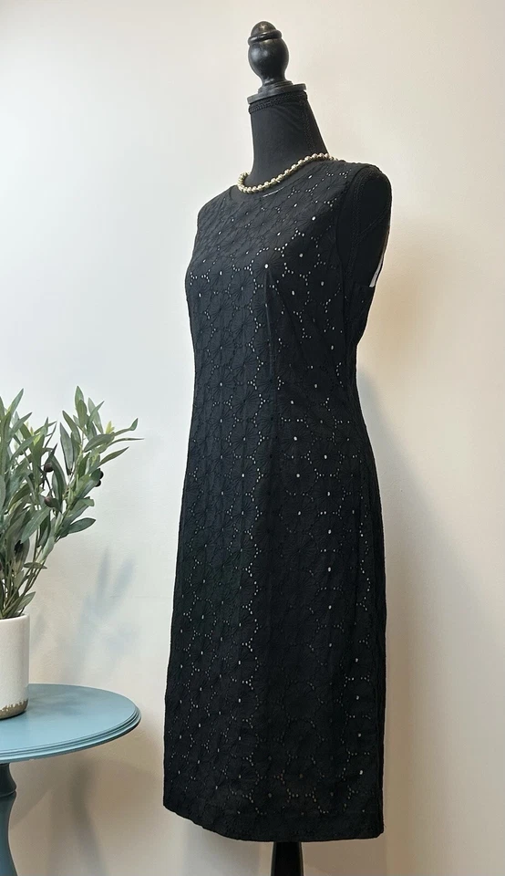 Sz. 12-TALBOTS-Black-Eyelet-SHEATH DRESS-100% Cotton-Sleeveless-$149 - Image 3 of 4