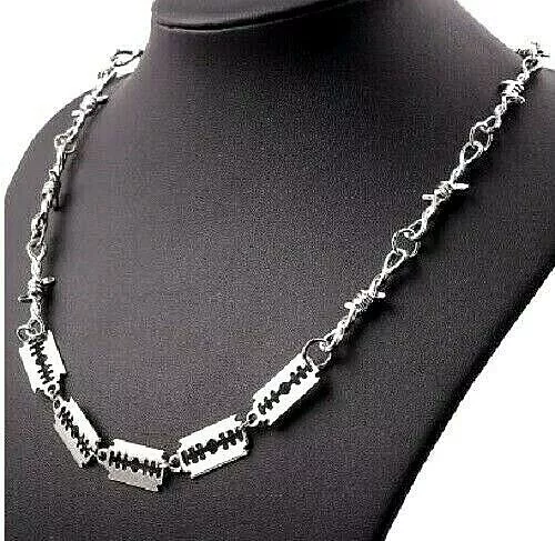 New Silver Chrome Barbed Wire RAZOR BLADES Necklace Pendant Biker Trucker Chain