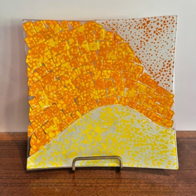 Orange and Yellow Fused Glass Square Plate Serving Tray 8 3/4''