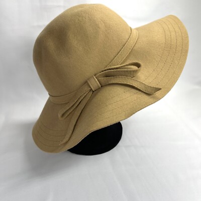 Women's Vintage Beige Wide Brim Wool Hat Bow Lady's Felt Floppy