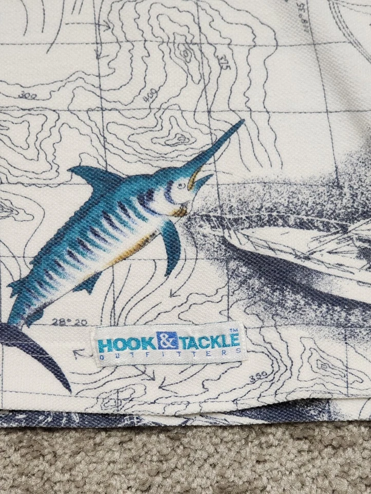VTG Hook And Tackle Nautical Fishing Polo Shirt Mens L Ocean Map Marlin - Image 3 of 4