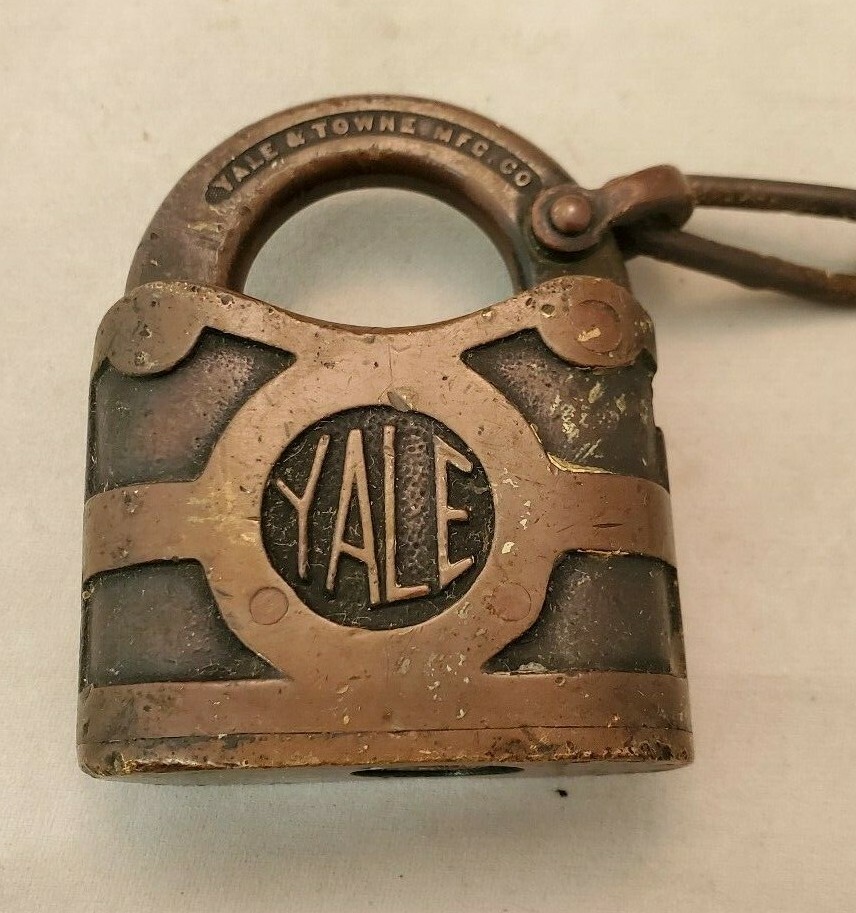 Antique Yale & Towne Brass Lock Padlock with Chain Y&T Logo on Back