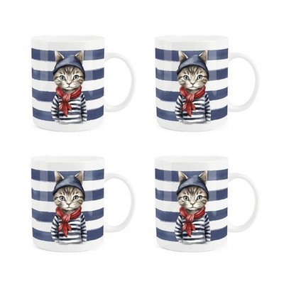 Matrose Katze Tassen - Blau Maritim Streifen Neuheit Geschenk für Katzenliebhaber - 4er Set
