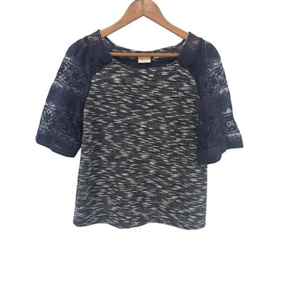Anthropologie Postmark Lace Sleeve Blouse S Navy Textured Mixed Media