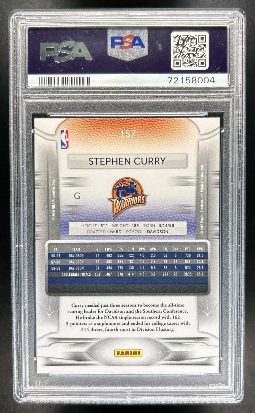 2009-10 Panini Prestige Stephen Curry Rookie RC #157 Warriors PSA 10 GEM MINT view 2