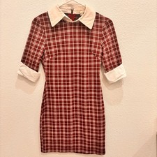 Plaid Red Mini Dress White Collar Preppy 3/4 Sleeve Womens Size XS Kingston Grey
