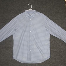 BUGATCHI UOMO Dress Shirt Men 17 One Half 36 37 Light Blue Plaid Formal Business