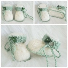 Babyschuhe 9 cm wollweiß pastellgrün Herz g...