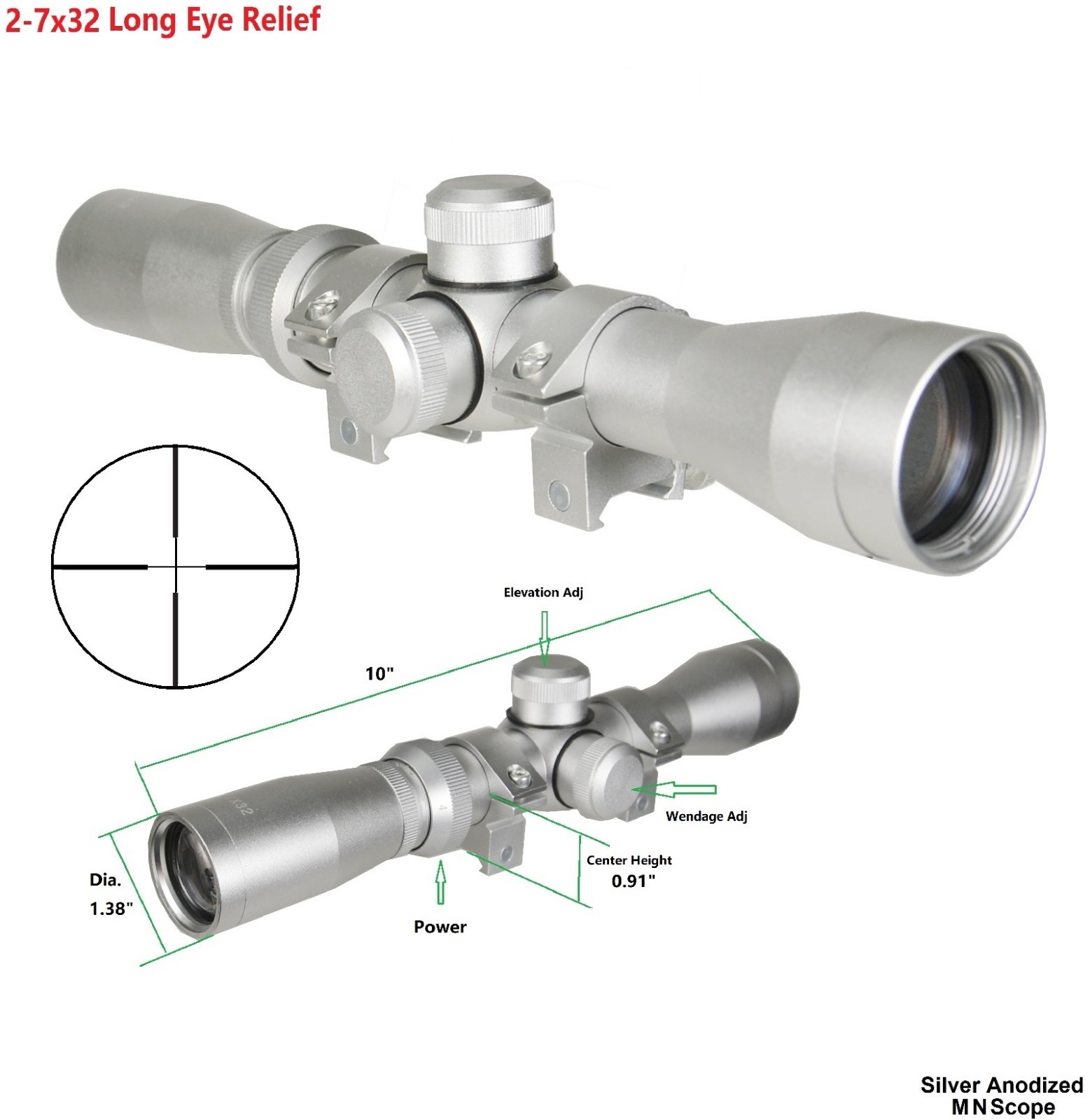 2-7x32mm Scout Scope Long Eye Relief, Duplex + Rings & Lens 