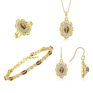 Authentic Rylos  Yellow Gold Plated Silver Tiger Eye & Diamond Floral Halo Set Sz 5-10