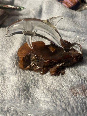 Vtg Clear Glass Dolphin Figurine On Wood Base 3  L x 2.5'' H