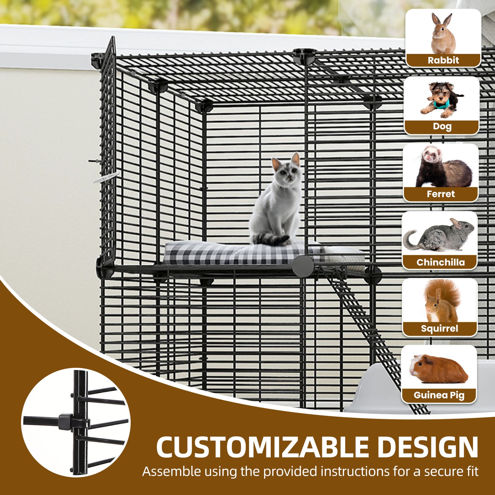 28" Cat Cage 2-tier Pet Playpen with Ladder and Buckles Metal Crate for Kitten
