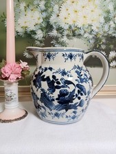 Antique Large Chinese Birds And Florals Scenic Chinoiserie Blue  White Pitcher