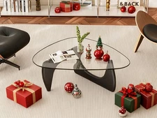 Mid Century Modern Coffee Table With Clear Galss Top Thick Solid Wood Base Decor