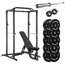 GYM MASTER Power Rack with Adjustable Bench Olympic Barbell and 150kg Weights