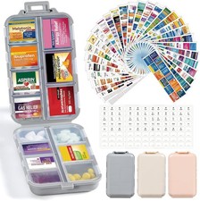 3 Pack 14 Grids Travel Pill Organizer with Bulk Med Labels, Khaki pink grey
