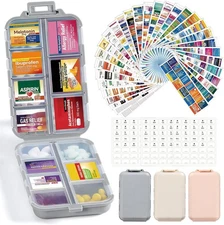 3 Pack 14 Grids Travel Pill Organizer with Bulk Med Labels, Khaki+pink+grey 