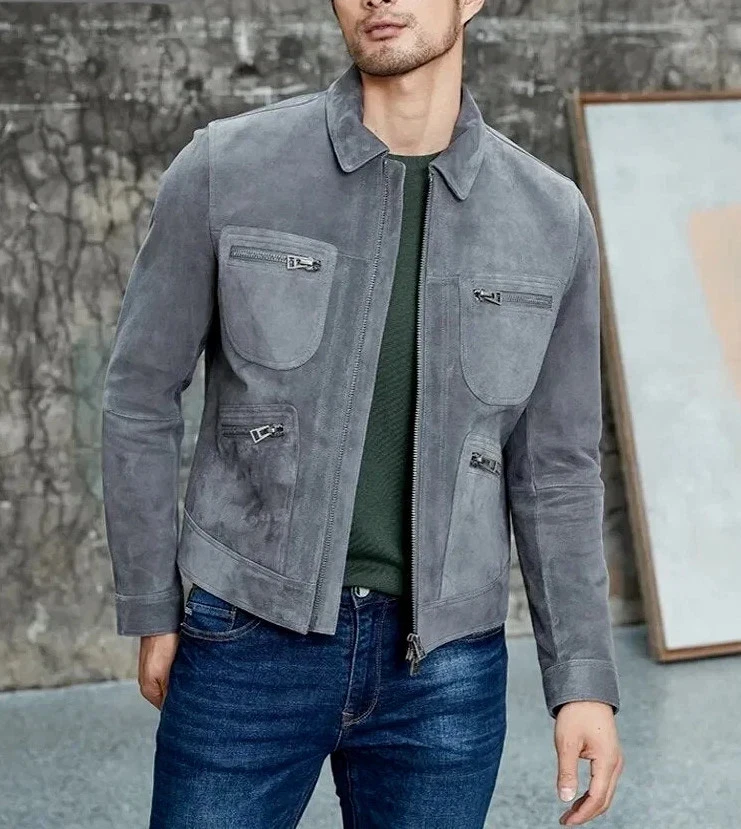Men Leather Jacket Gray Pure Suede Cafe Racer Size XS S M L XL XXL Custom Made