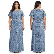 Eliza J Blue Paisley Cold Shoulder Flutter Sleeve Maxi Dress Women Size 14