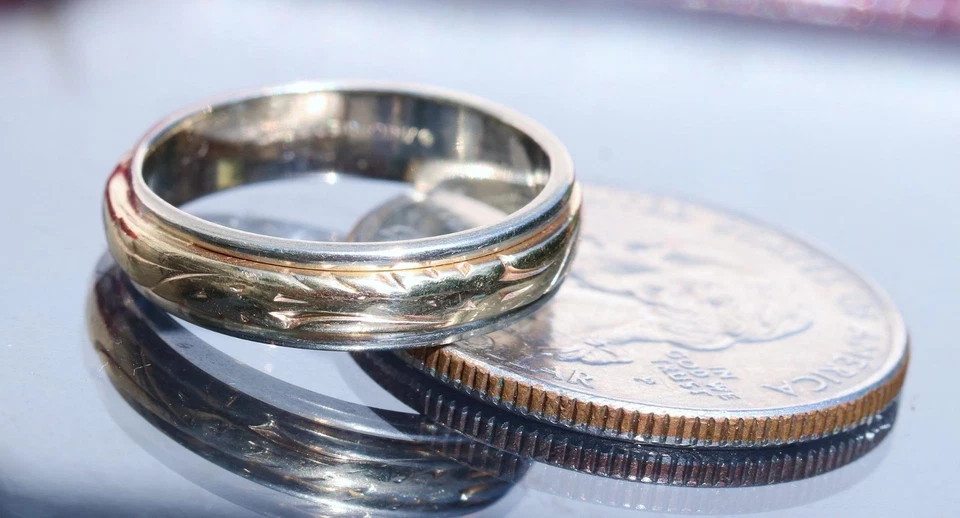 Alianza de boda oro 14k multi tono talla 6 hecha a mano antigua 4,0 g tallada en arte N3041 Foto 4 de 4