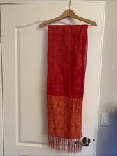 Handwoven Silk Pashmina Style Shawl India Red Orange Paisley Floral Boho 70x27