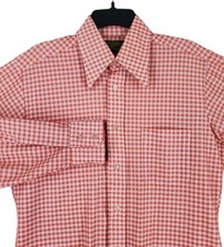 Vtg 70s Sears Shirt Men L Gingham Plaid Check Orange White Fitted Thin Dagger LS