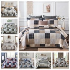 Plaid King Size Cotton Quilt Set C 3Pcs Farmhouse Bedspread Brown Tan