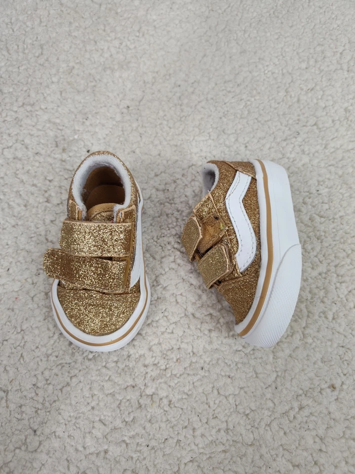 Vans Old Skool Zapatillas para Niños Pequeños 2 Dorado Brillo Gancho Lazo Parte Superior Baja Zapatos Informales Foto 4 de 4