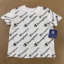 Champion Boys Youth Size 5 White Black Allover Script Short Sleeve T-Shirt NWT