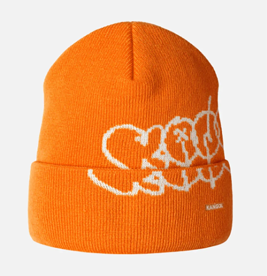 KANGOL ® ORIGINAL Y2K BEANIE STRICKMÜTZE MÜTZE UMSCHLAGMÜTZE ORANGE WEISS NEU