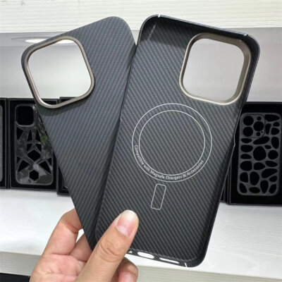 Magnetic Genuine Carbon Fiber Case fr iPhone 14 13 Pro Max Metal Ring Back Cover