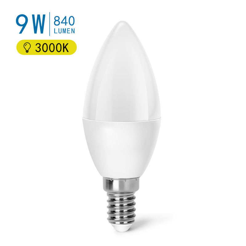 LAMPADINA LED A5 C37 9W ATTACCO E14 675 LUMEN 3000K LUCE CALDA ANGOLO 280 D37H11