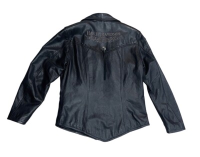 Harley Davidson Motor Cycle Women M Black Leather Teal Liner Jacket Coat Fringe