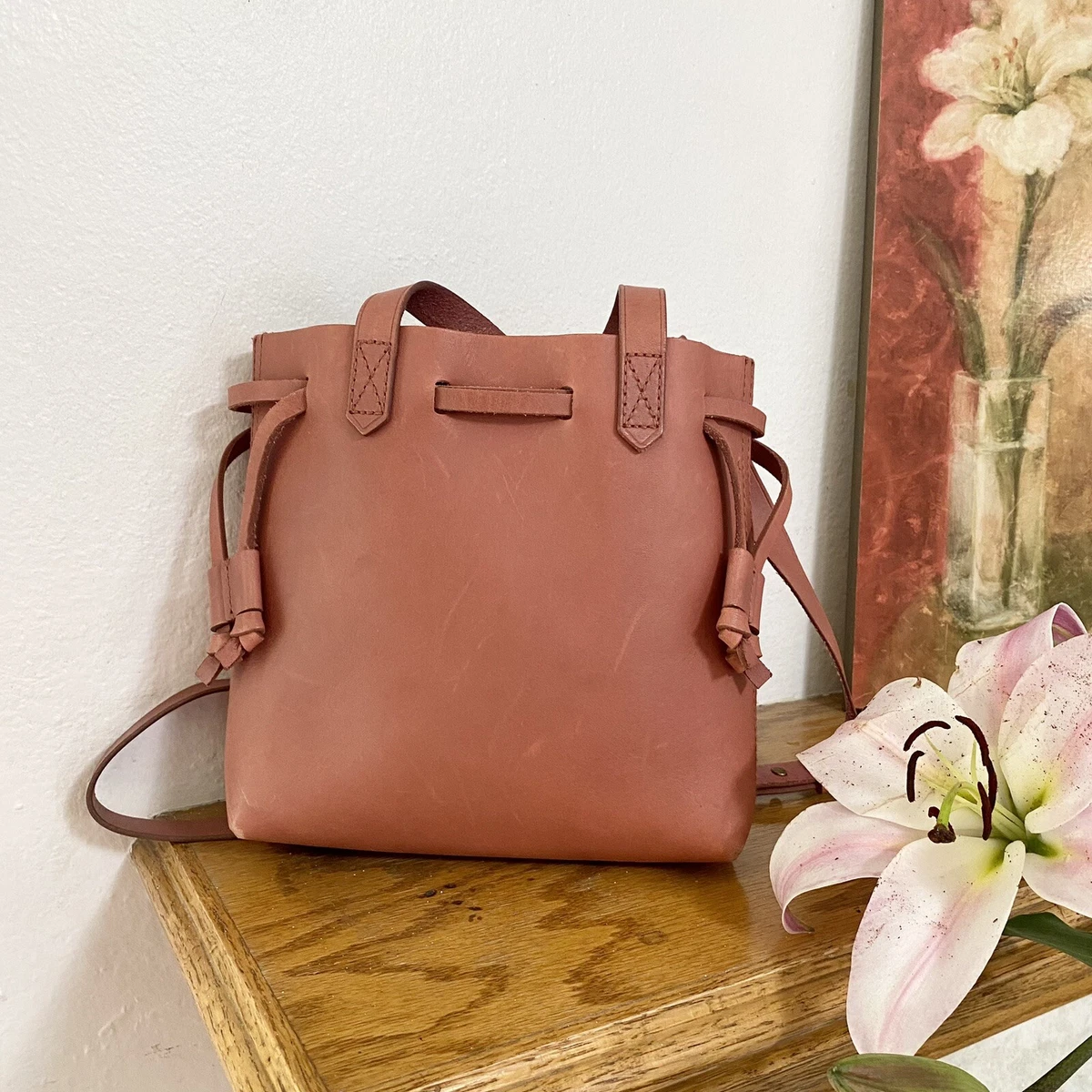 Pale Pink Leather Mini Drawstring Crossbody Bag