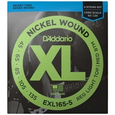 D'Addario EXL165-5 XL Nickel Bass Guitar Strings 45-135 Reg Light Top/Med Bottom