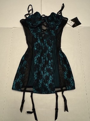 NWT Frederick s Of Hollywood Lingerie Garter Corset Sheer Lace Green Black Sz M