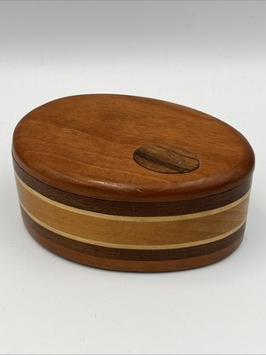 Oval Inlayed Wooden Puzzle Box Hand Crafted By G J Kurk Vanity Decor Slide Lid