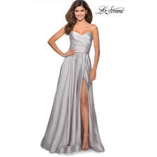 LA FEMME Satin Ball Gown Size 12 Silve 28608 Strapless Slit 368 NWOT