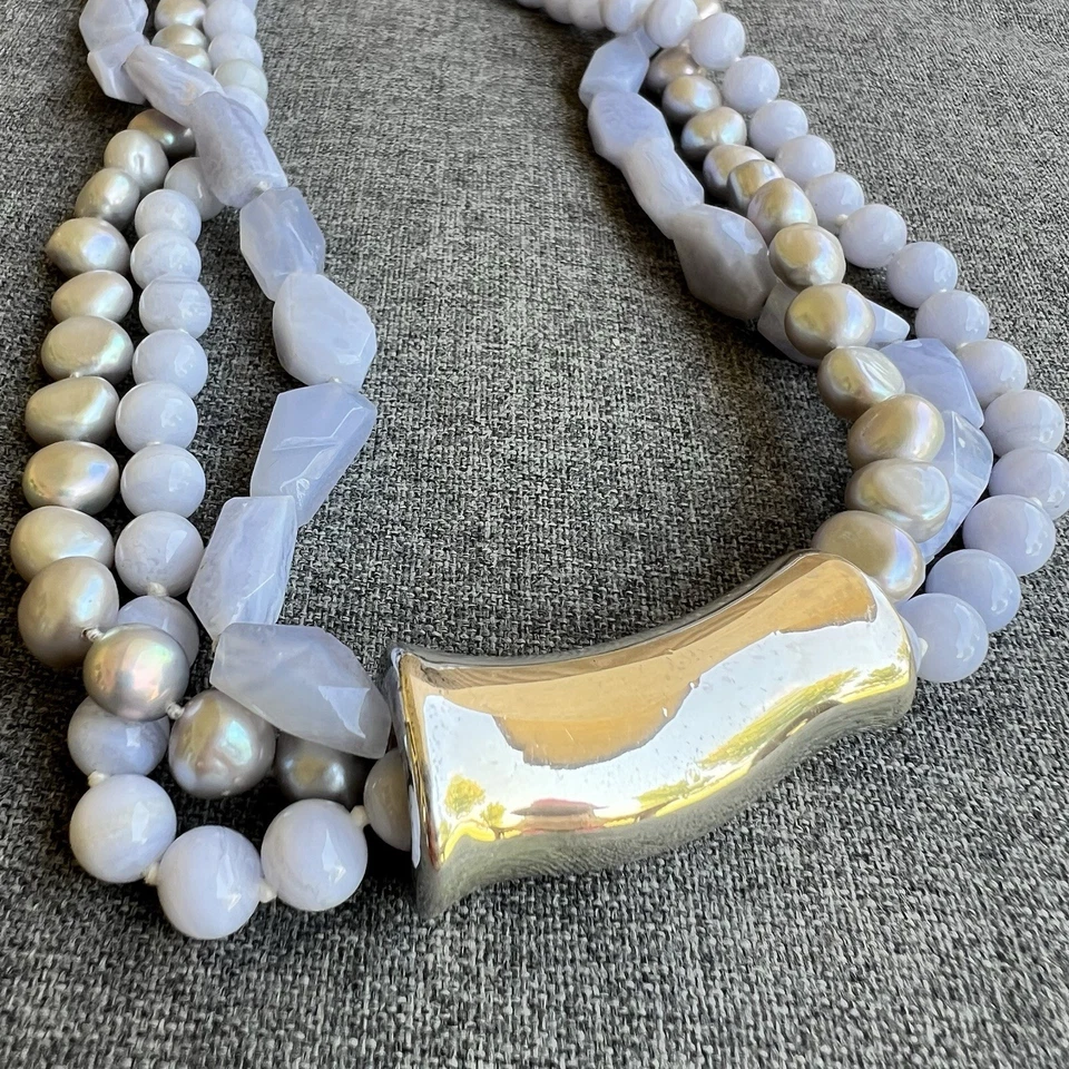 "Collar Simon Sebbag azul de encaje ágata y perlas con brazalete de plata 18""" Foto 3 de 4