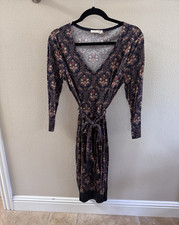 Tory Burch Blue Floral V-Neck Belted Wrap Dress Knee Length Long Sleeve L