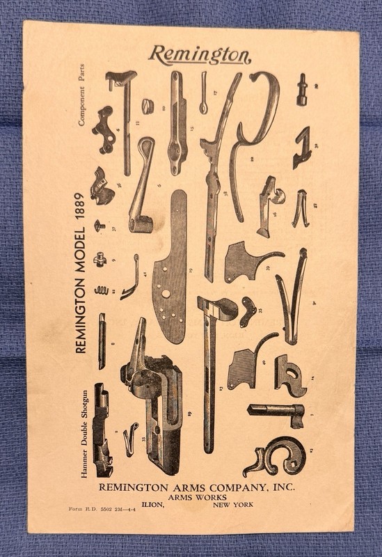 Vintage Remington Model 1889 Two-Sided Parts Insert. Form R. D. 5502